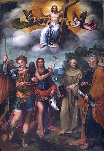 413px Bagnacavallo Cristo redenor con San Miguel arcángel San Juan Bautista San Bernardino y San Pedro San Michele Bagnacavallo